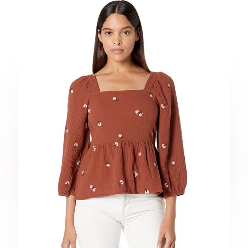 Madewell ~ Amie Floral Embroidered Lightspun Millbrook Puff-Sleeve Peplum Top